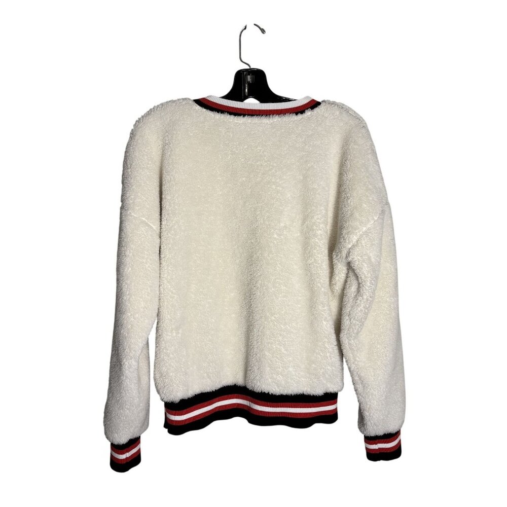 Evereve White Varsity Teddy Knit Pullover With Striped Red and Black Trim Size L - Picture 3 of 11